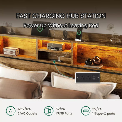 Strato Wood Bed Frame Storage Headboard with Charging Station and 6 Drawers