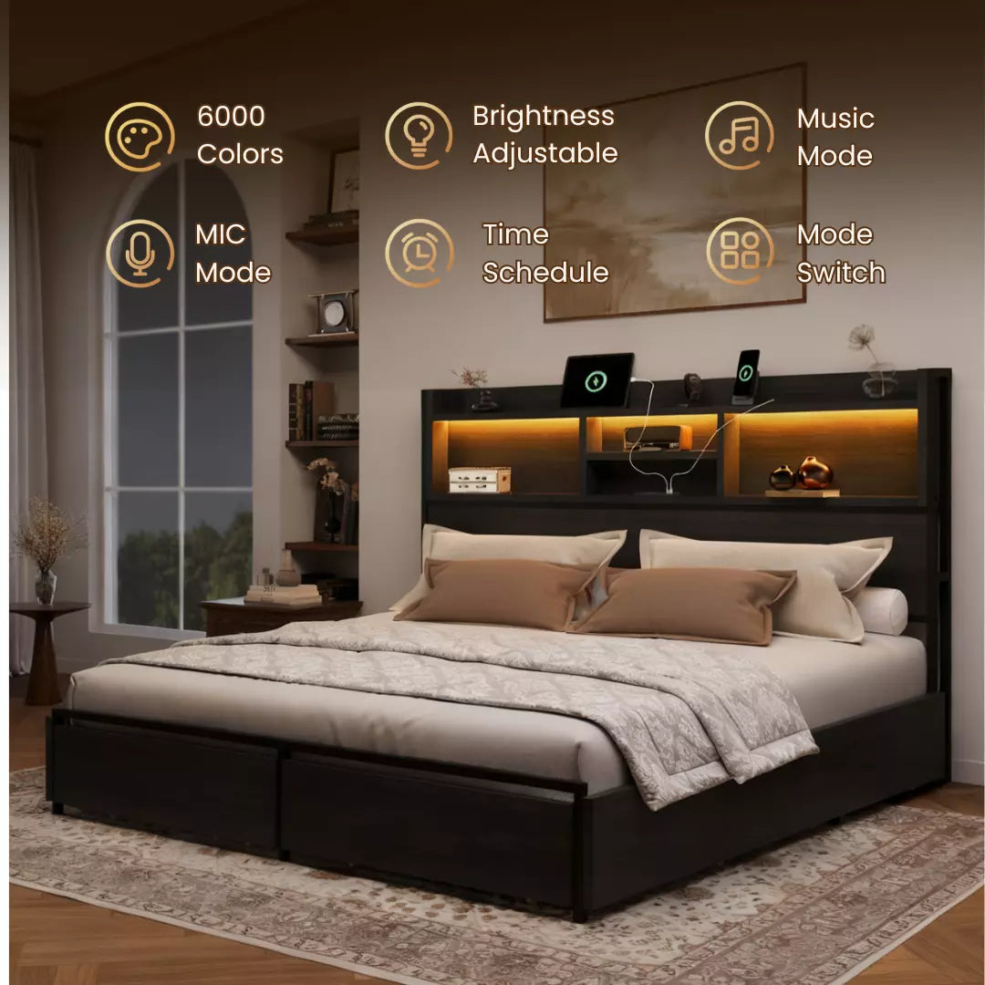 Strato Wood Bed Frame Storage Headboard with Charging Station and 6 Drawers