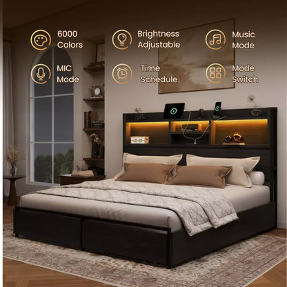 Strato Wood Bed Frame Storage Headboard with Charging Station and 6 Drawers