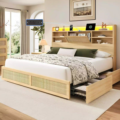 Boho Rattan Storage Bookcase Bed Frame