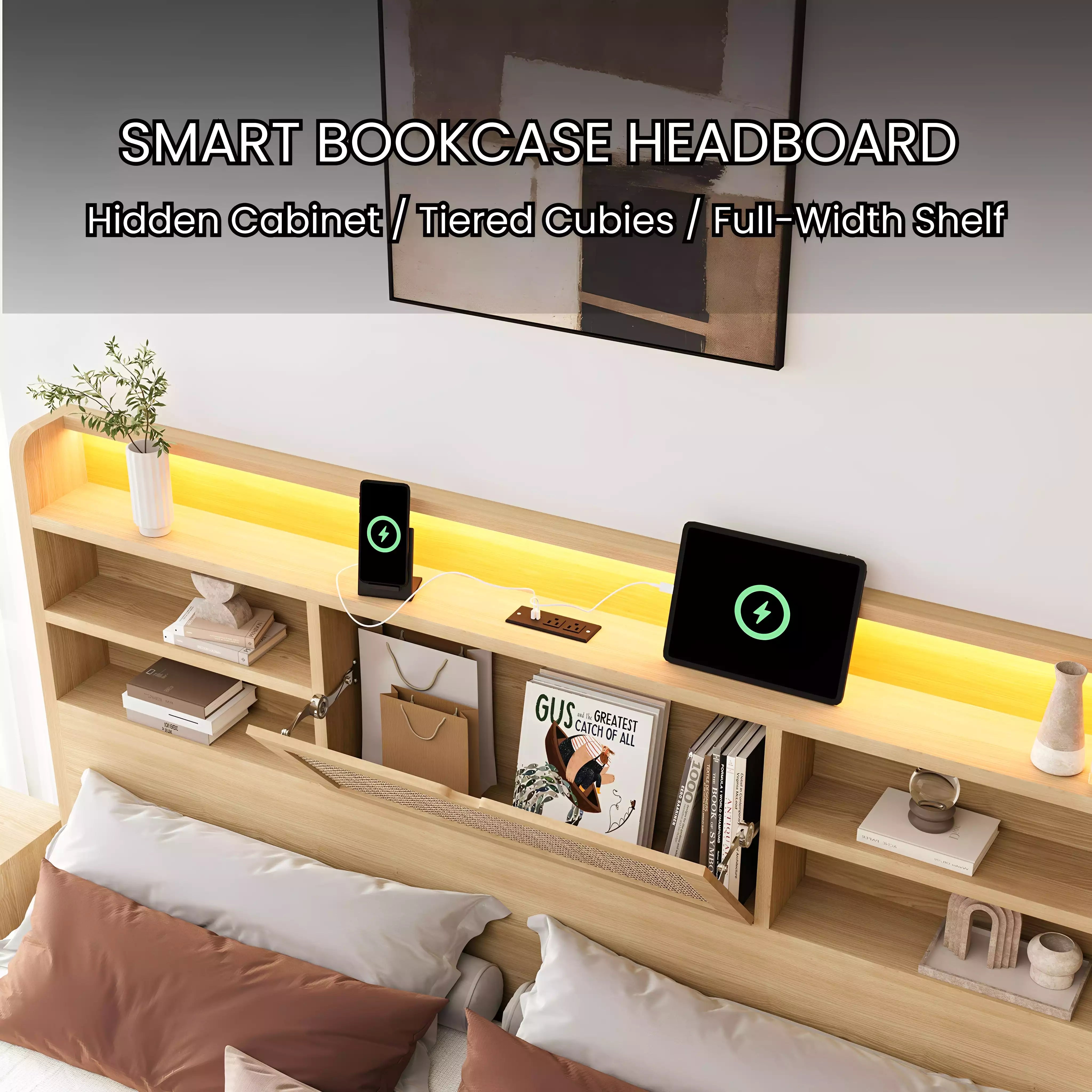 Boho Chic Rattan Storage Bookcase Bed Frame