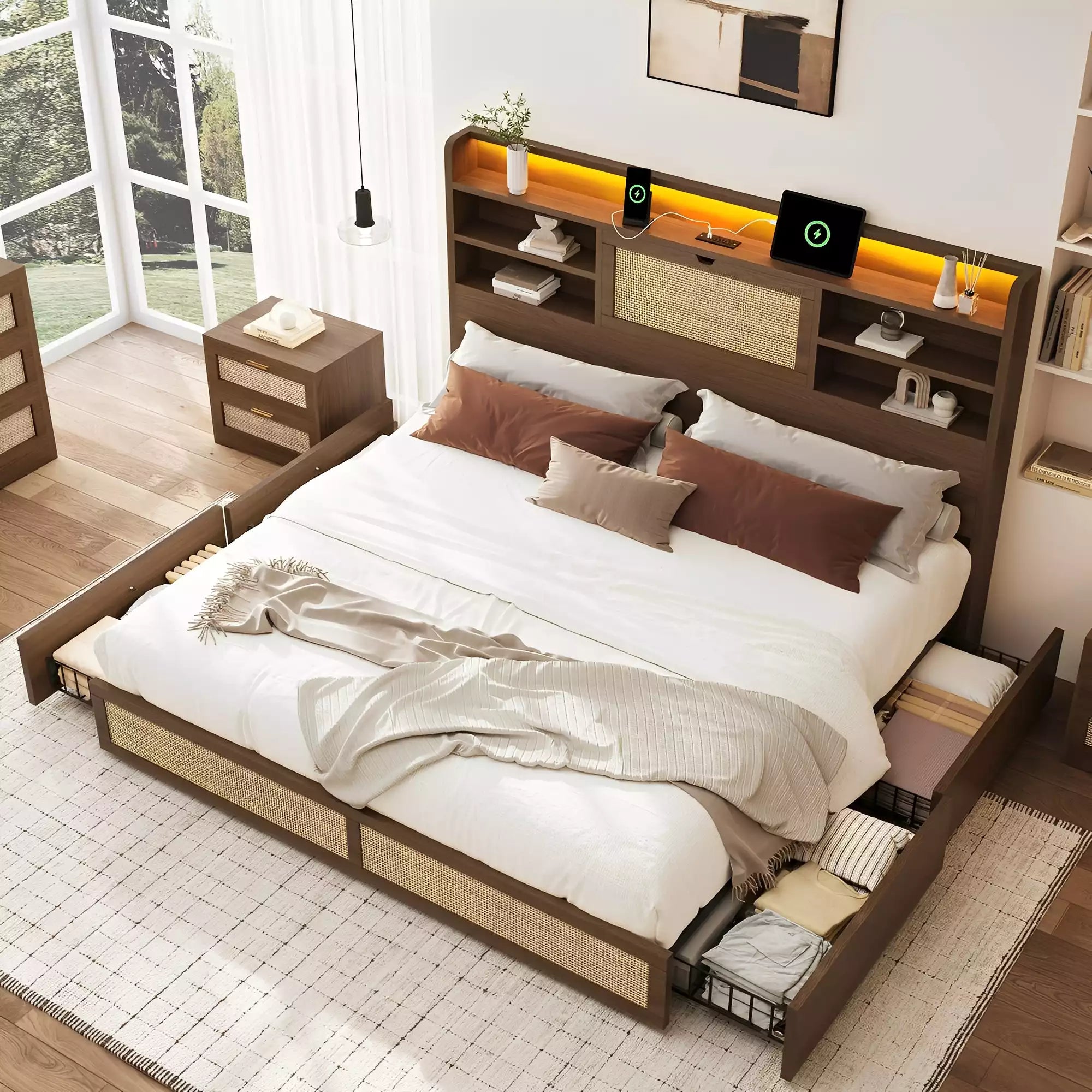 Boho Chic Rattan Storage Bookcase Bed Frame