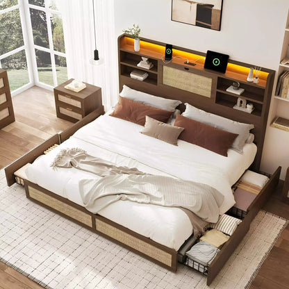 Boho Chic Rattan Storage Bookcase Bed Frame