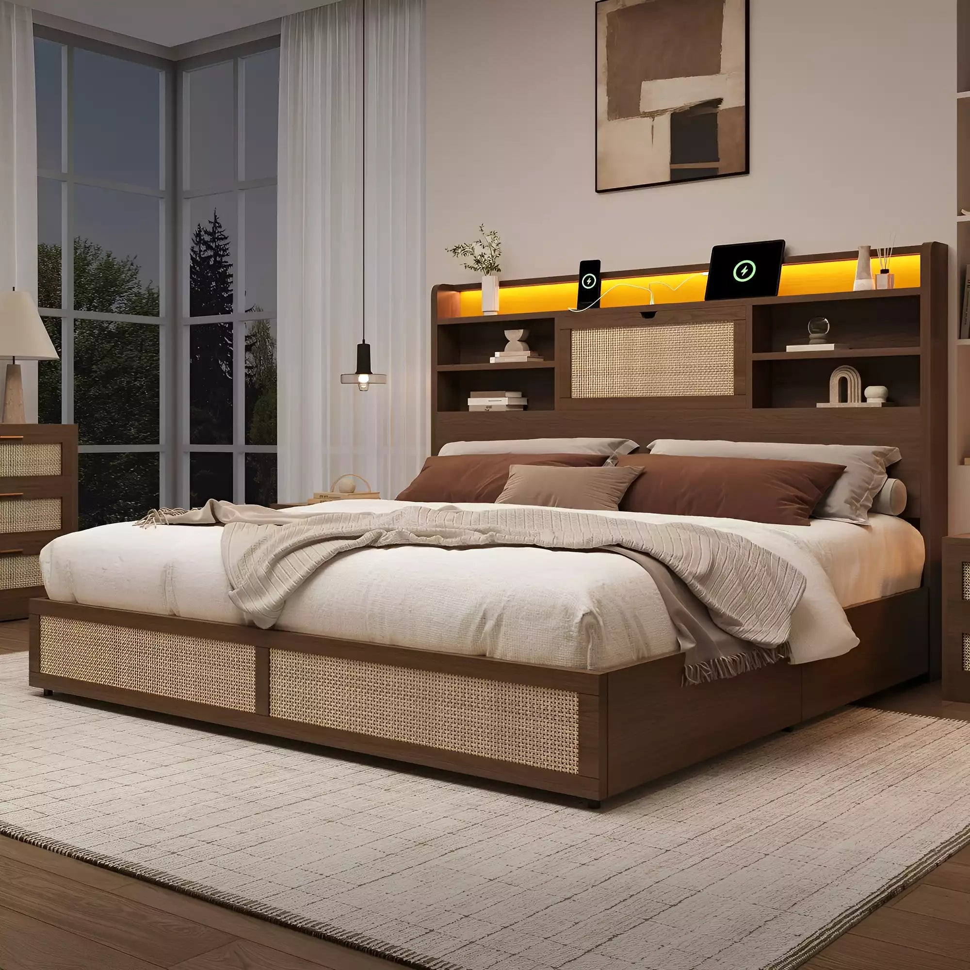 Boho Rattan Storage Bookcase Bed Frame