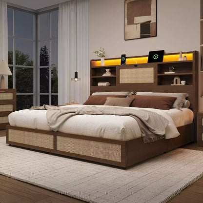 Boho Rattan Storage Bookcase Bed Frame