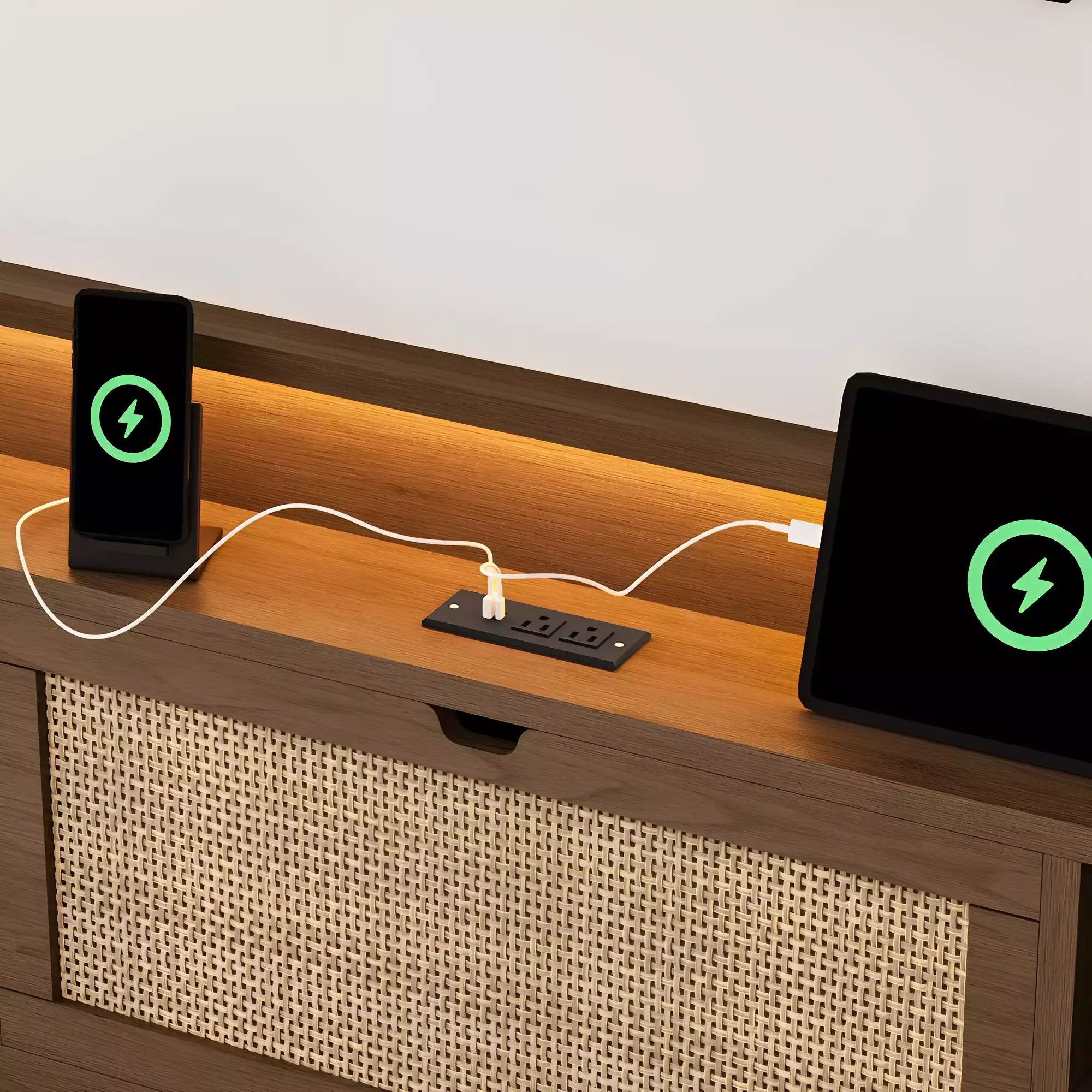 Boho Chic Rattan Storage Bookcase Bed Frame (Walnut)