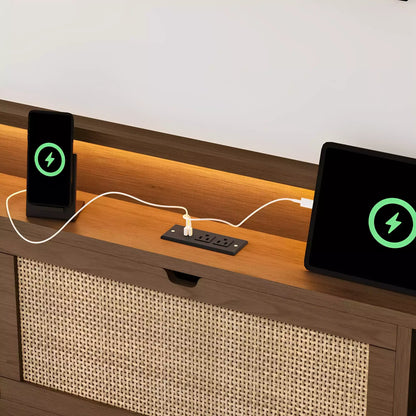 Boho Chic Rattan Storage Bookcase Bed Frame (Walnut)