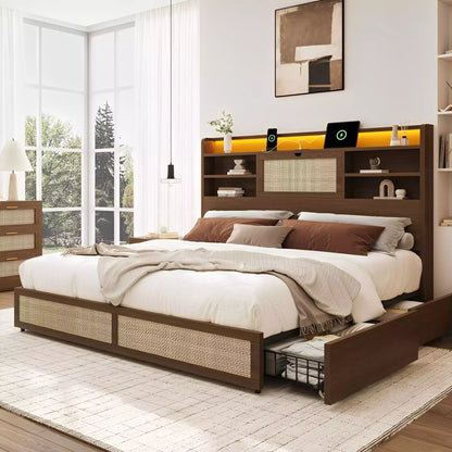 Boho Chic Rattan Storage Bookcase Bed Frame