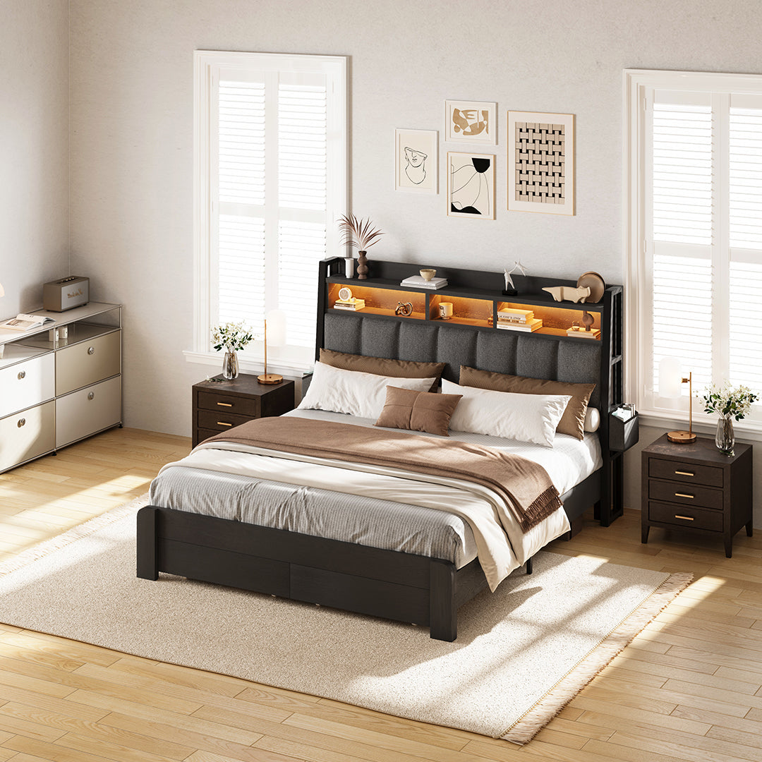 Modern bedroom with a bed, nightstands, and wall art.