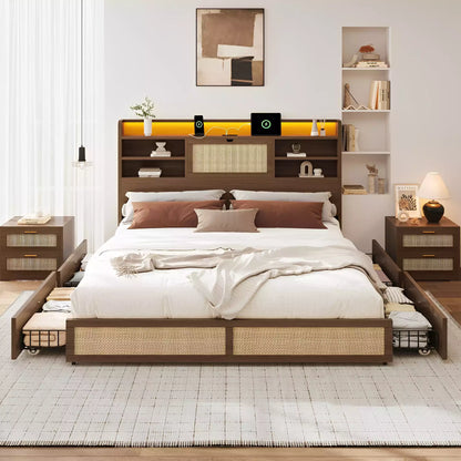Boho Chic Rattan Storage Bookcase Bed Frame (Walnut)