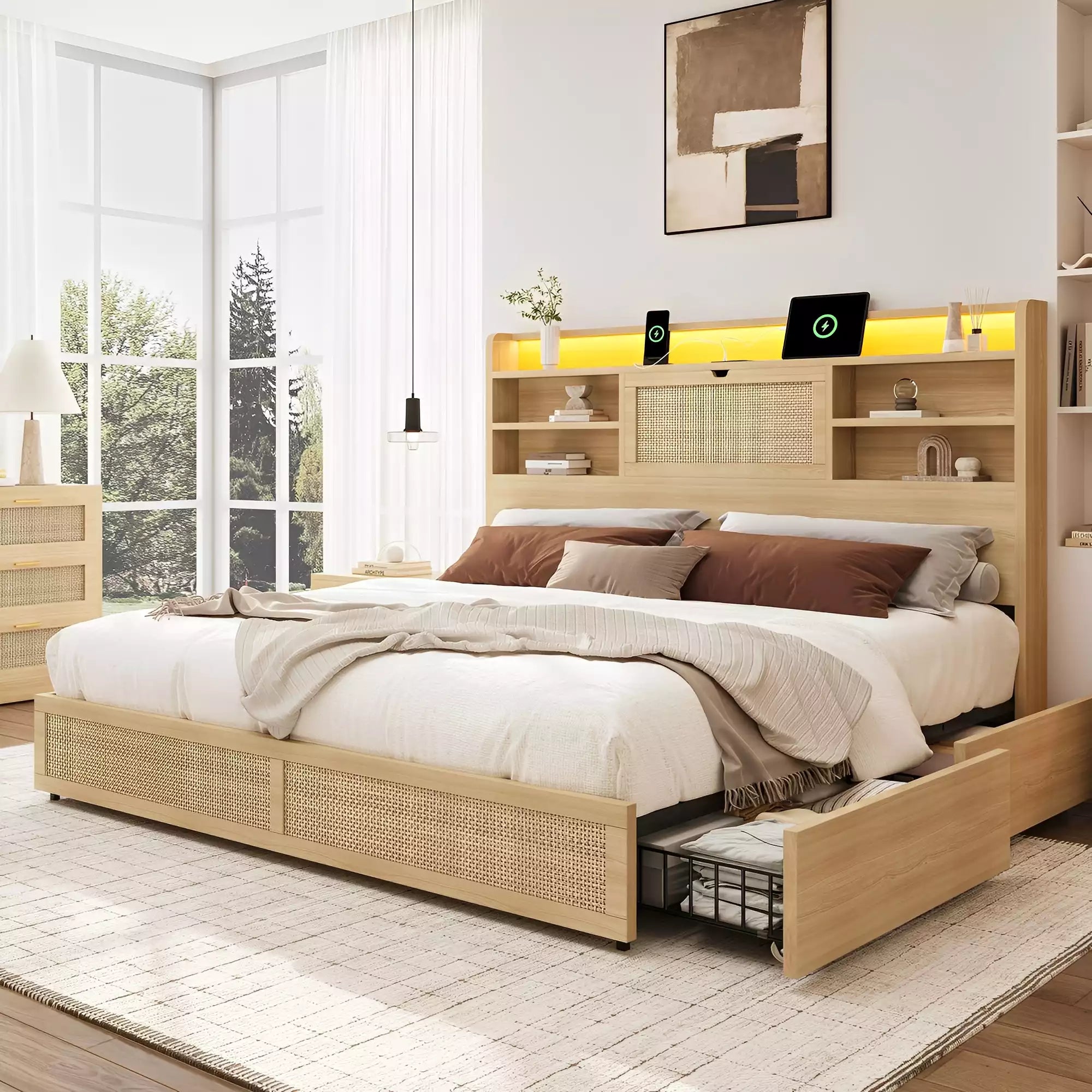 Boho Chic Rattan Storage Bookcase Bed Frame