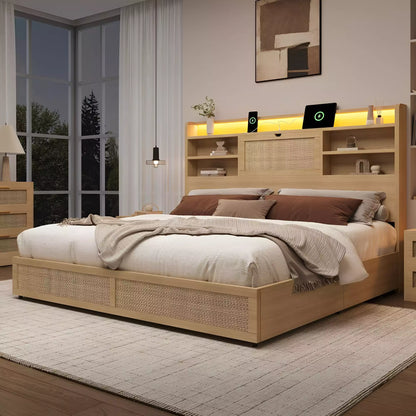 Boho Chic Rattan Storage Bookcase Bed Frame