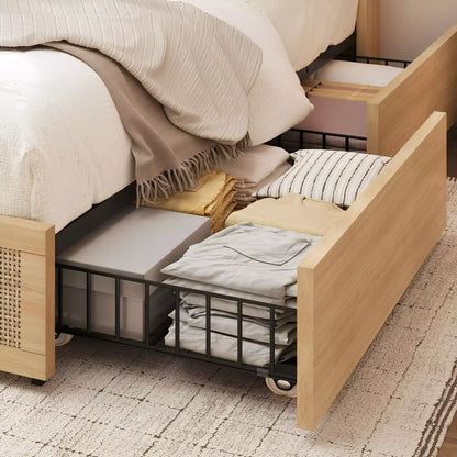 Boho Rattan Storage Bookcase Bed Frame