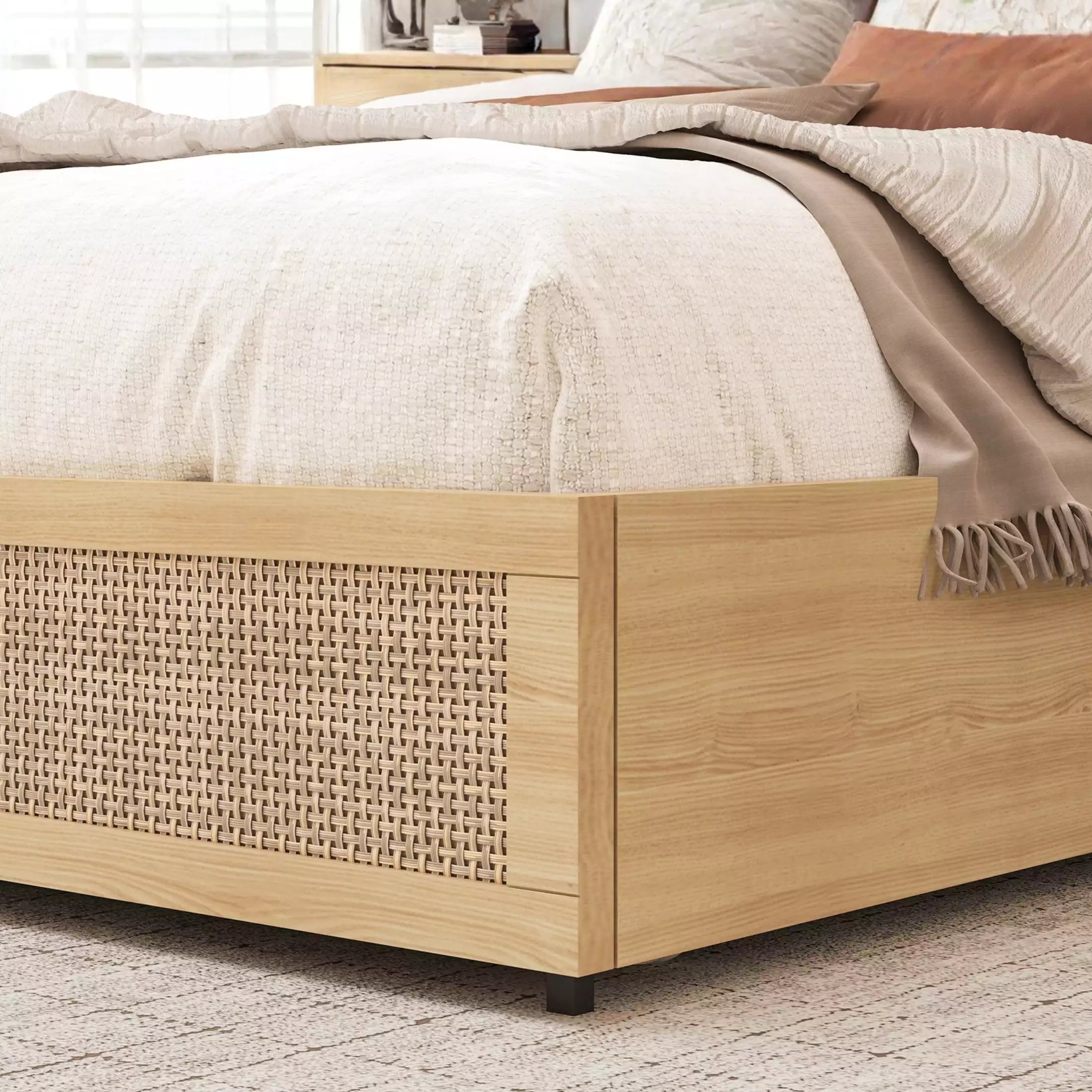 Boho Rattan Storage Bookcase Bed Frame