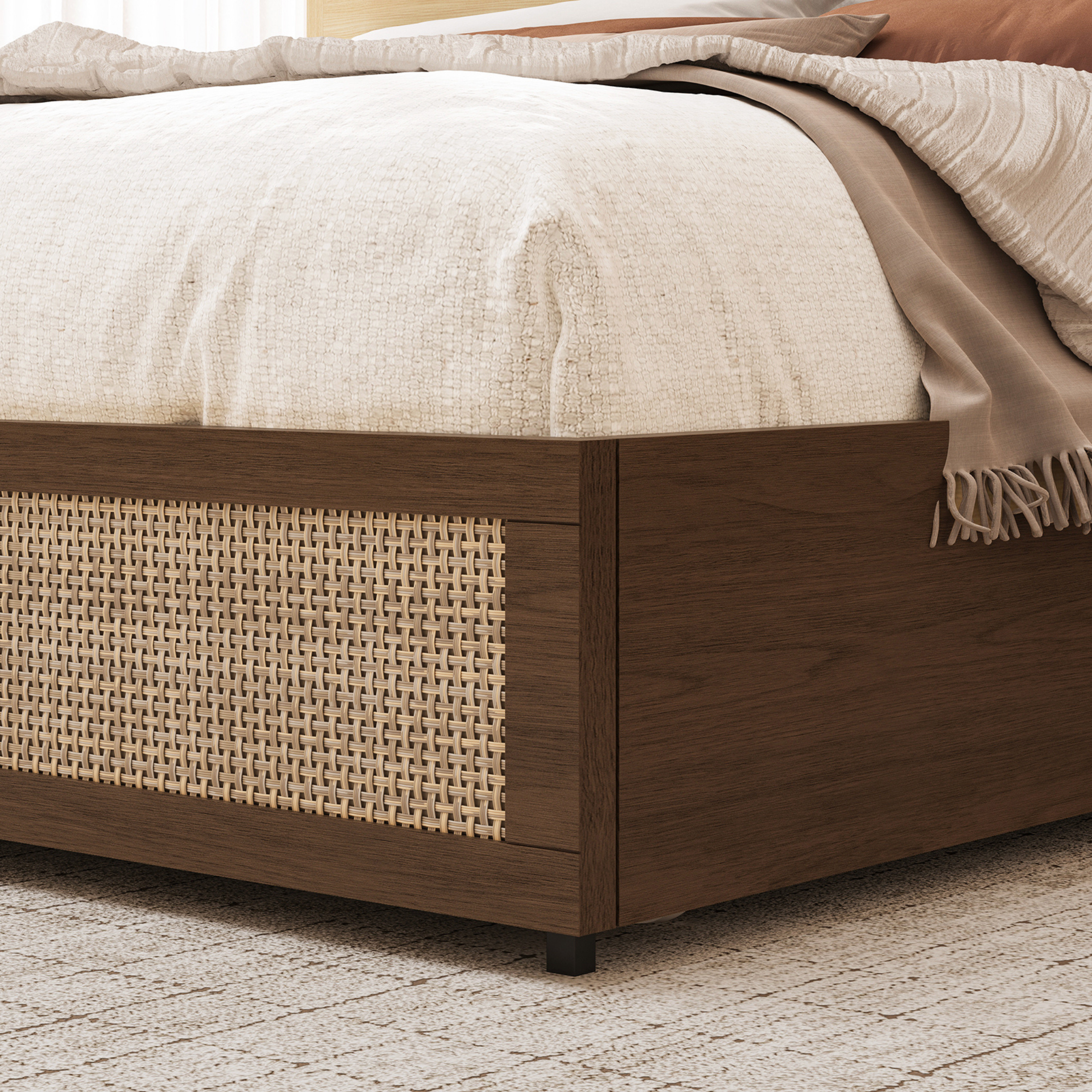 Boho Rattan Storage Bookcase Bed Frame