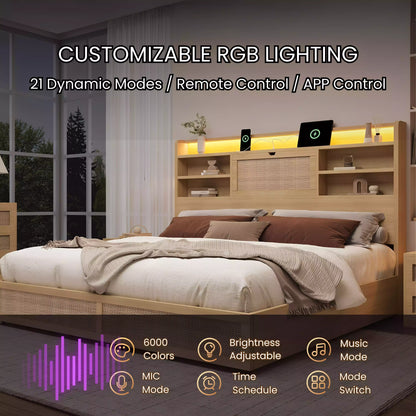 Boho Chic Rattan Storage Bookcase Bed Frame