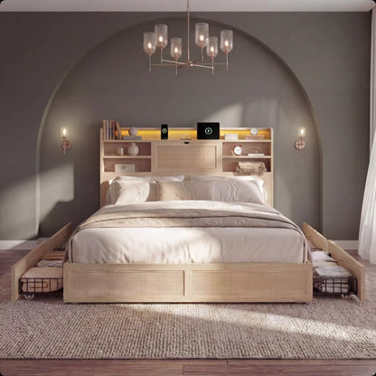 Boho Chic Rattan Storage Bookcase Bed Frame