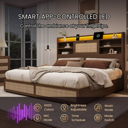 Boho Chic Rattan Storage Bookcase Bed Frame