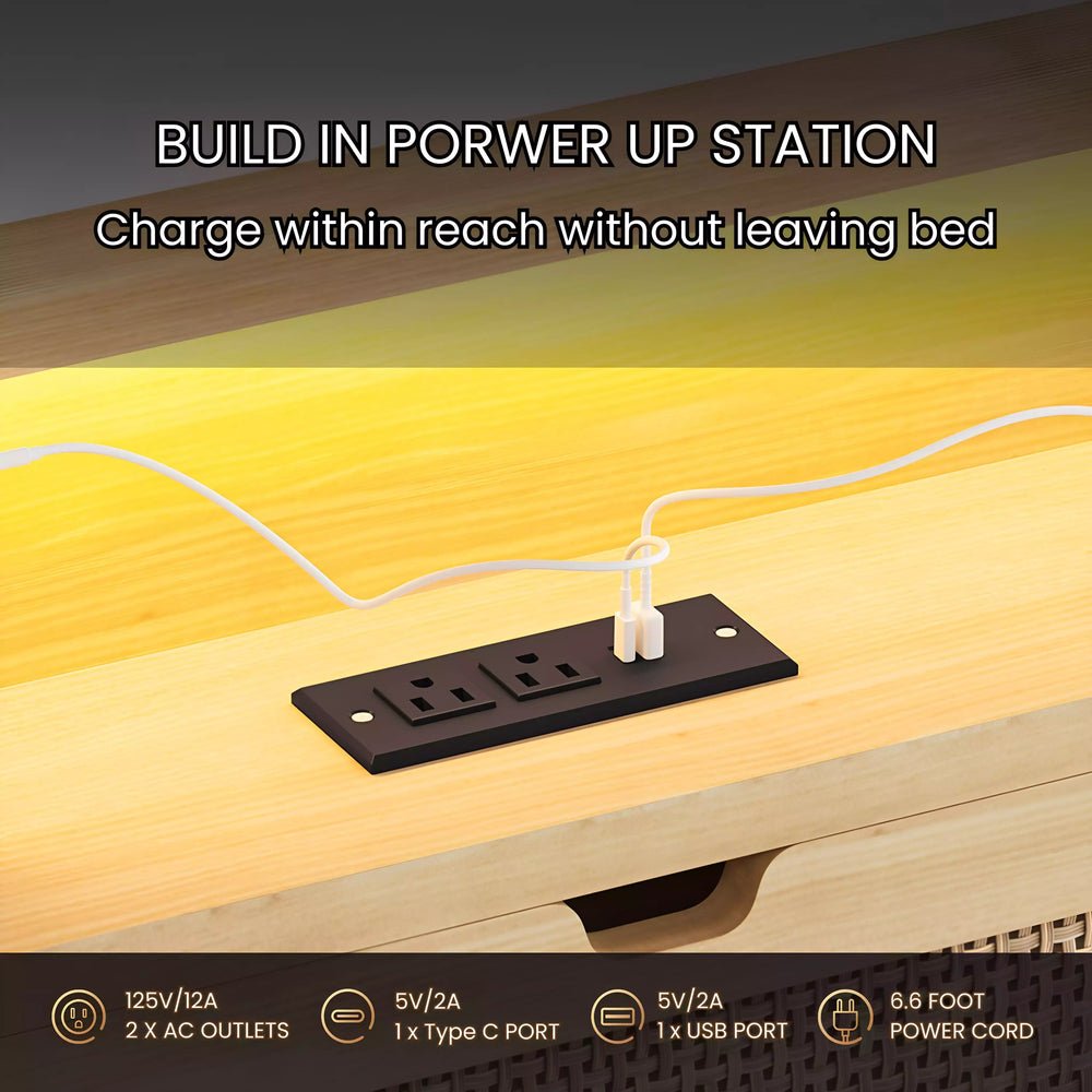 Built-in power station on a wooden surface with text highlighting features.
