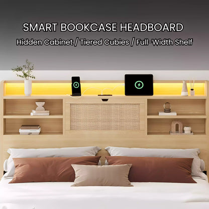 Boho Chic Rattan Storage Bookcase Bed Frame