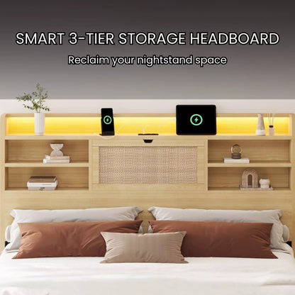 Boho Chic Rattan Storage Bookcase Bed Frame