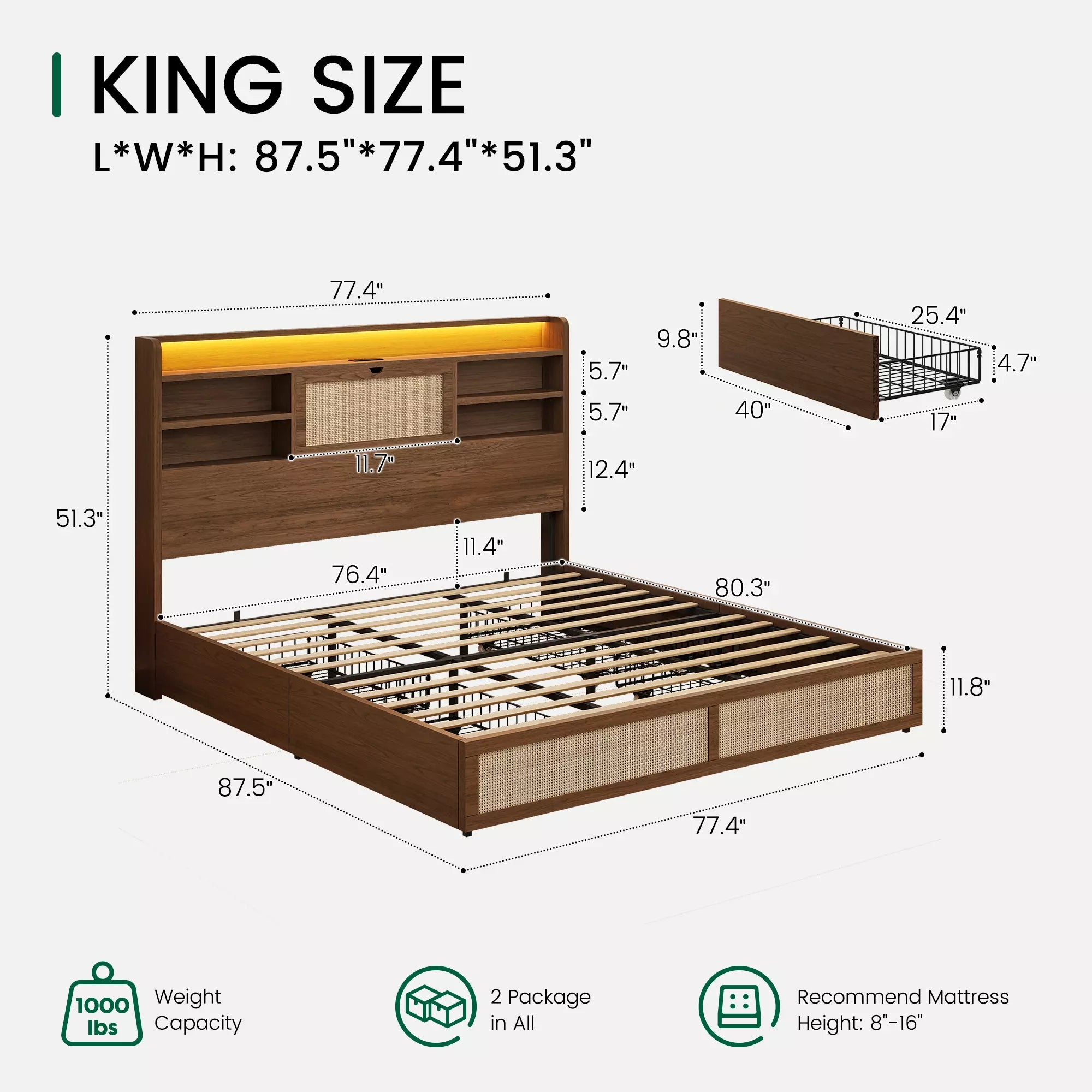 Boho Chic Rattan Storage Bookcase Bed Frame (Walnut)