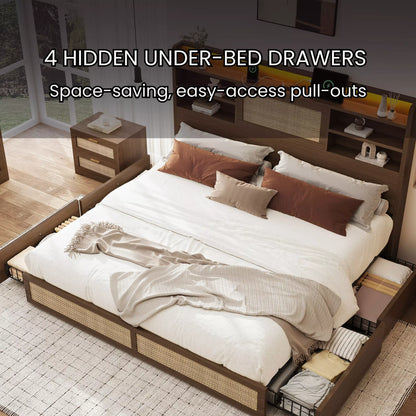 Boho Chic Rattan Storage Bookcase Bed Frame