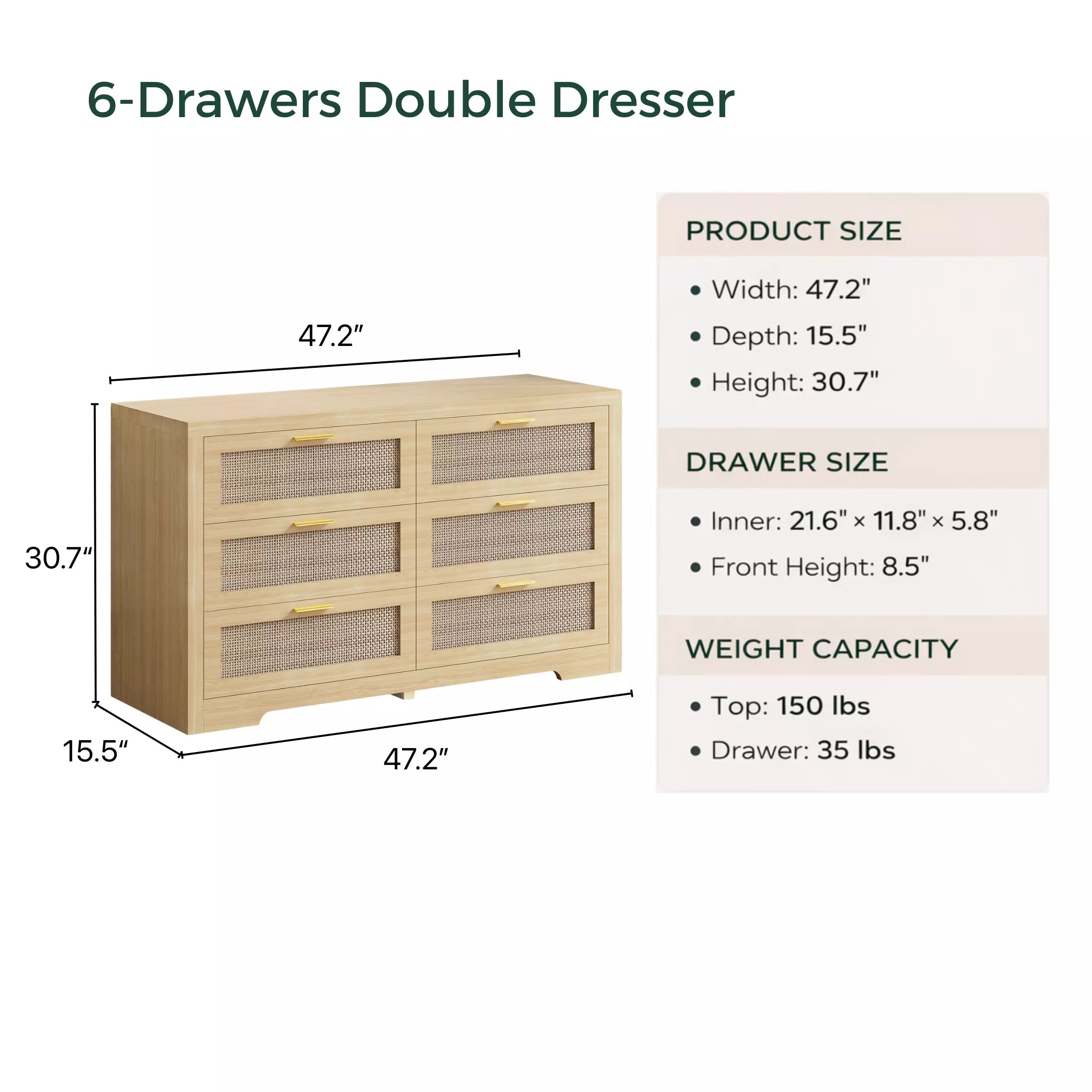 Boho Chic Rattan 6 Drawer Dressers-Walnet / Oak