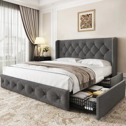 Koral Upholstered King Size Bed Frame with Storage Drawers,Tufted Wingback Headboard