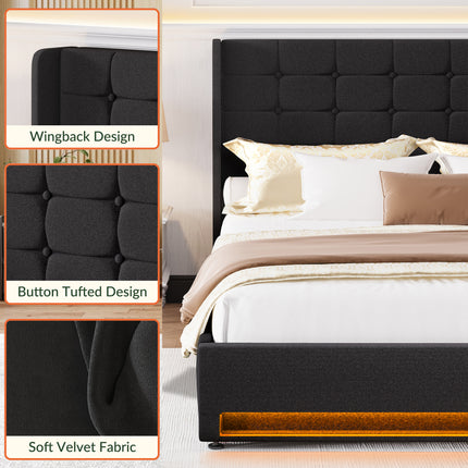 Larmace Bed Frame with 4 Storage Drawers, Velvet LED Upholstered Bed Frame with Headboard