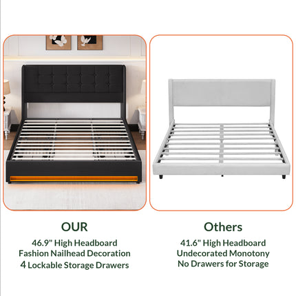 Larmace Bed Frame with 4 Storage Drawers, Velvet LED Upholstered Bed Frame with Headboard