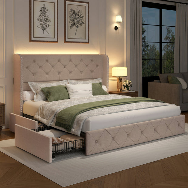 Koral Queen Size Upholstered Bed Frame with Storage Drawers,Tufted Wingback Headboard,Led Lights