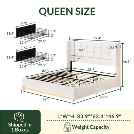Larmace Bed Frame with 4 Storage Drawers, Velvet LED Upholstered Bed Frame with Headboard