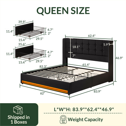 Larmace Bed Frame with 4 Storage Drawers, Velvet LED Upholstered Bed Frame with Headboard