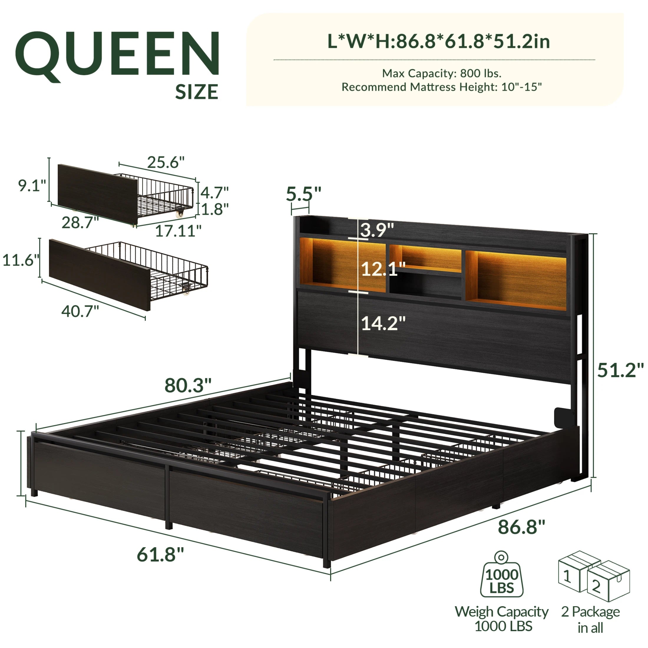 Softo Luxe Storage Bookcase Wood Bed Frame