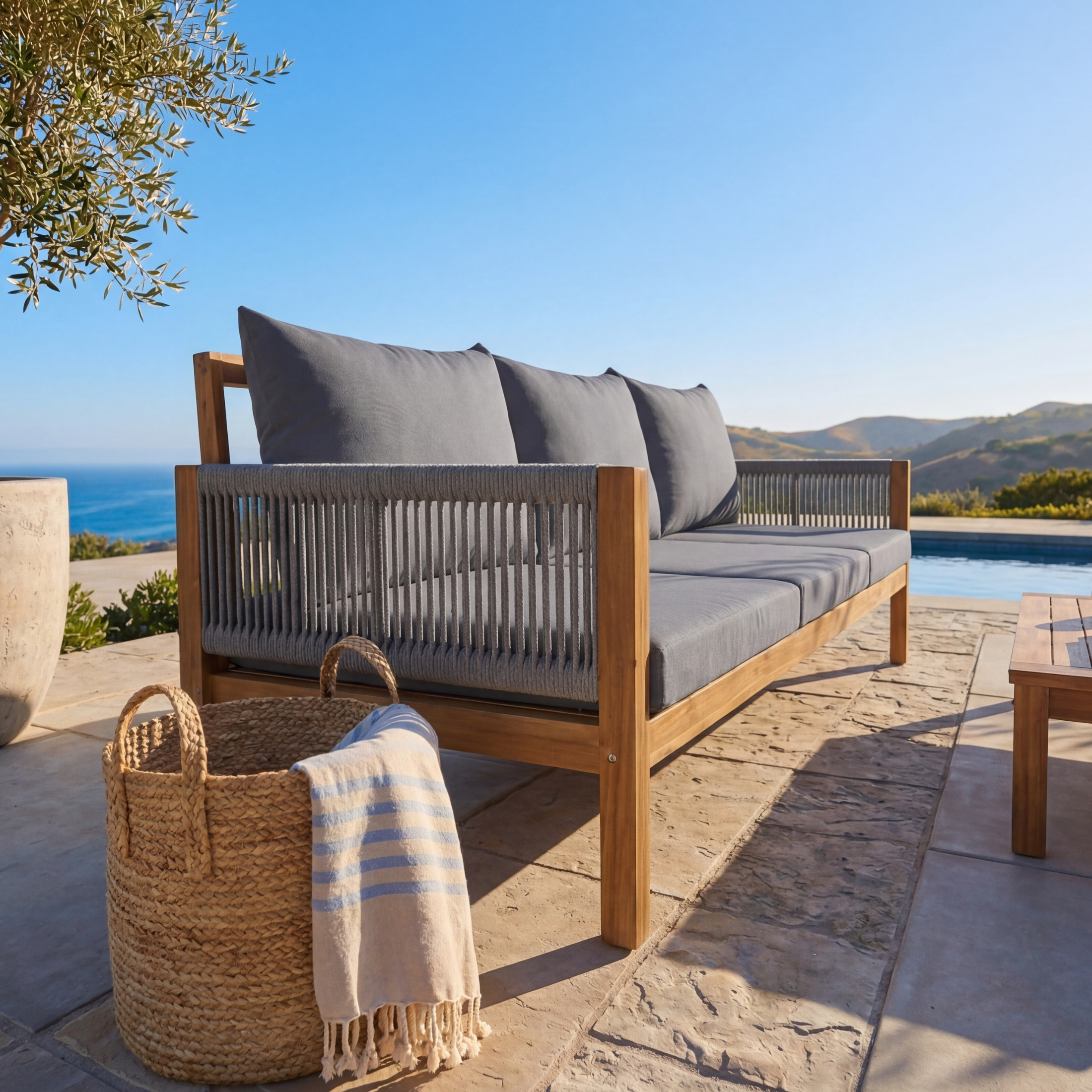 Luvia 3 Seat Acacia Wood Outdoor Sofa, 4 in 1 All-Weather Daybed
