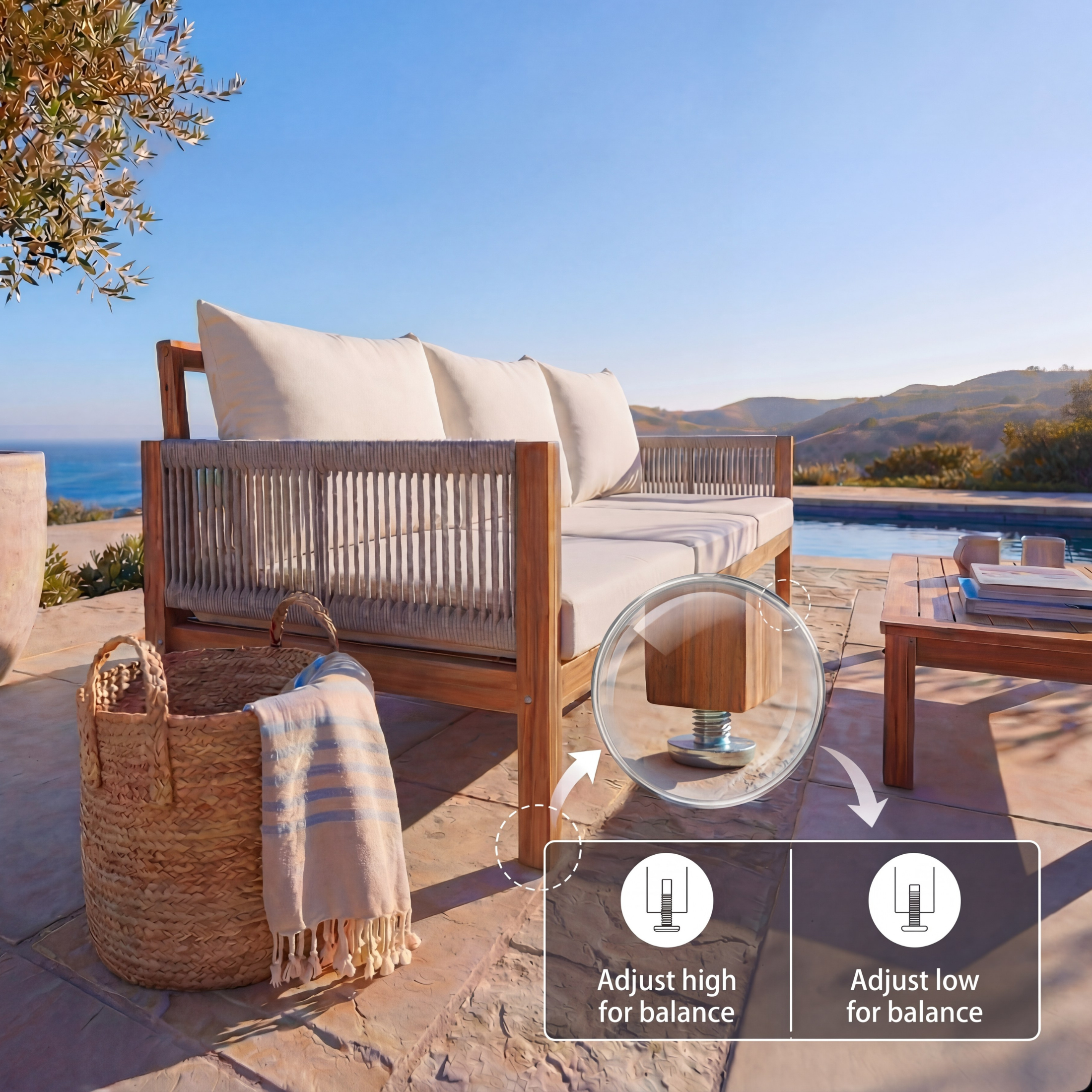 Luvia 3 Seat Acacia Wood Outdoor Sofa, 4 in 1 All-Weather Daybed