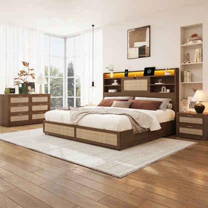 Boho Rattan Storage Bookcase Bed Frame