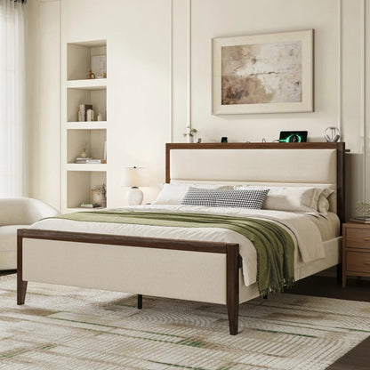 Sevan Solid Wood Upholstered Platform Bed with Charging Station