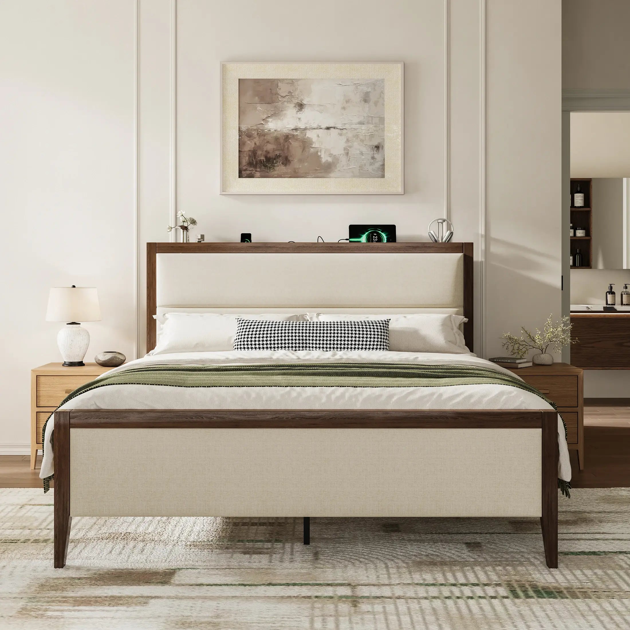 Sevan Solid Wood Upholstered Platform Bed with Charging Station