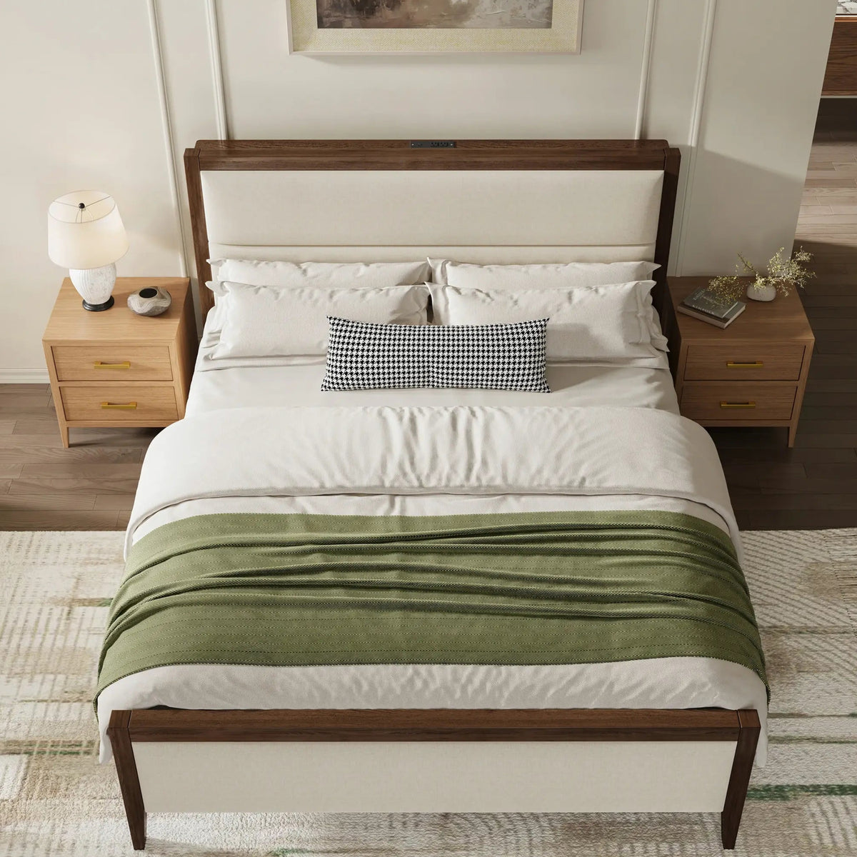 Sevan Solid Wood Upholstered Platform Bed with Charging Station