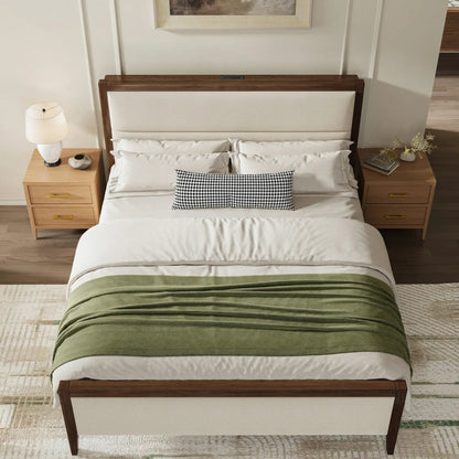 Sevan Solid Wood Upholstered Platform Bed with Charging Station
