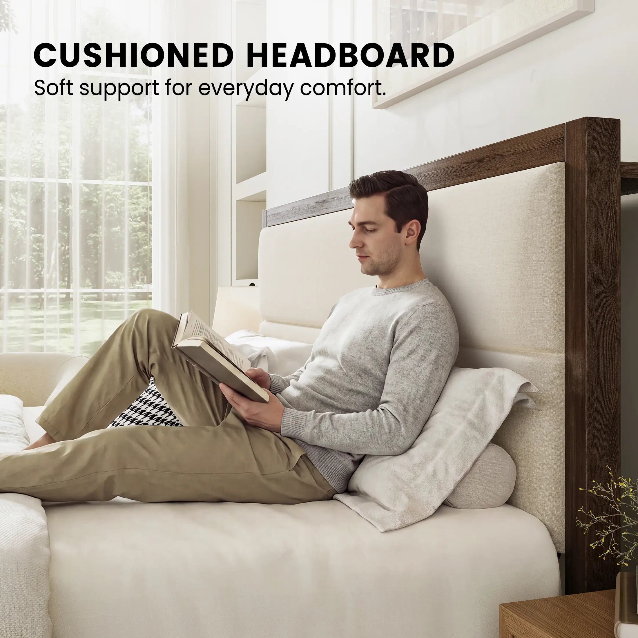 Sevan Solid Wood Upholstered Platform Bed with Charging Station