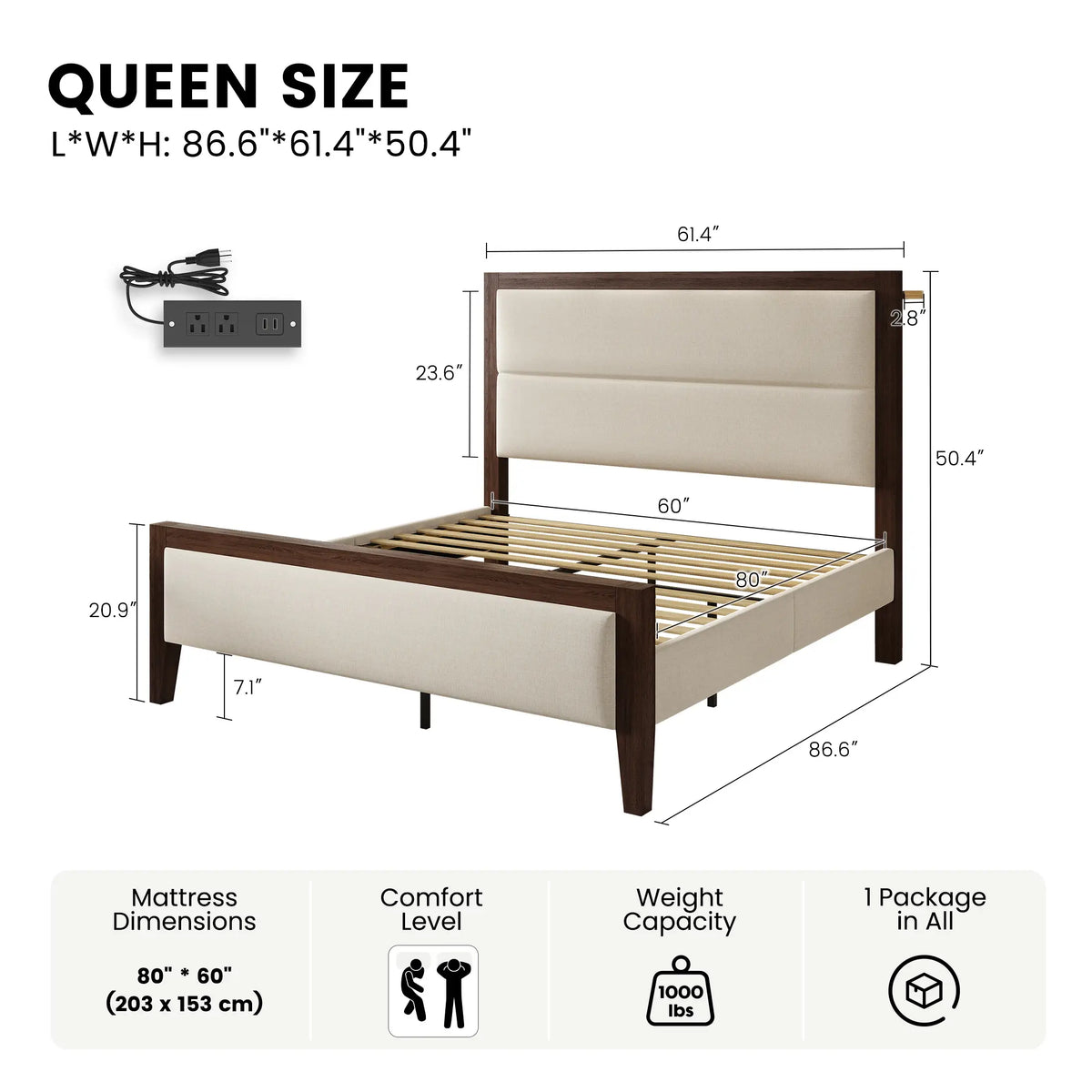 Sevan Solid Wood Upholstered Platform Bed with Charging Station
