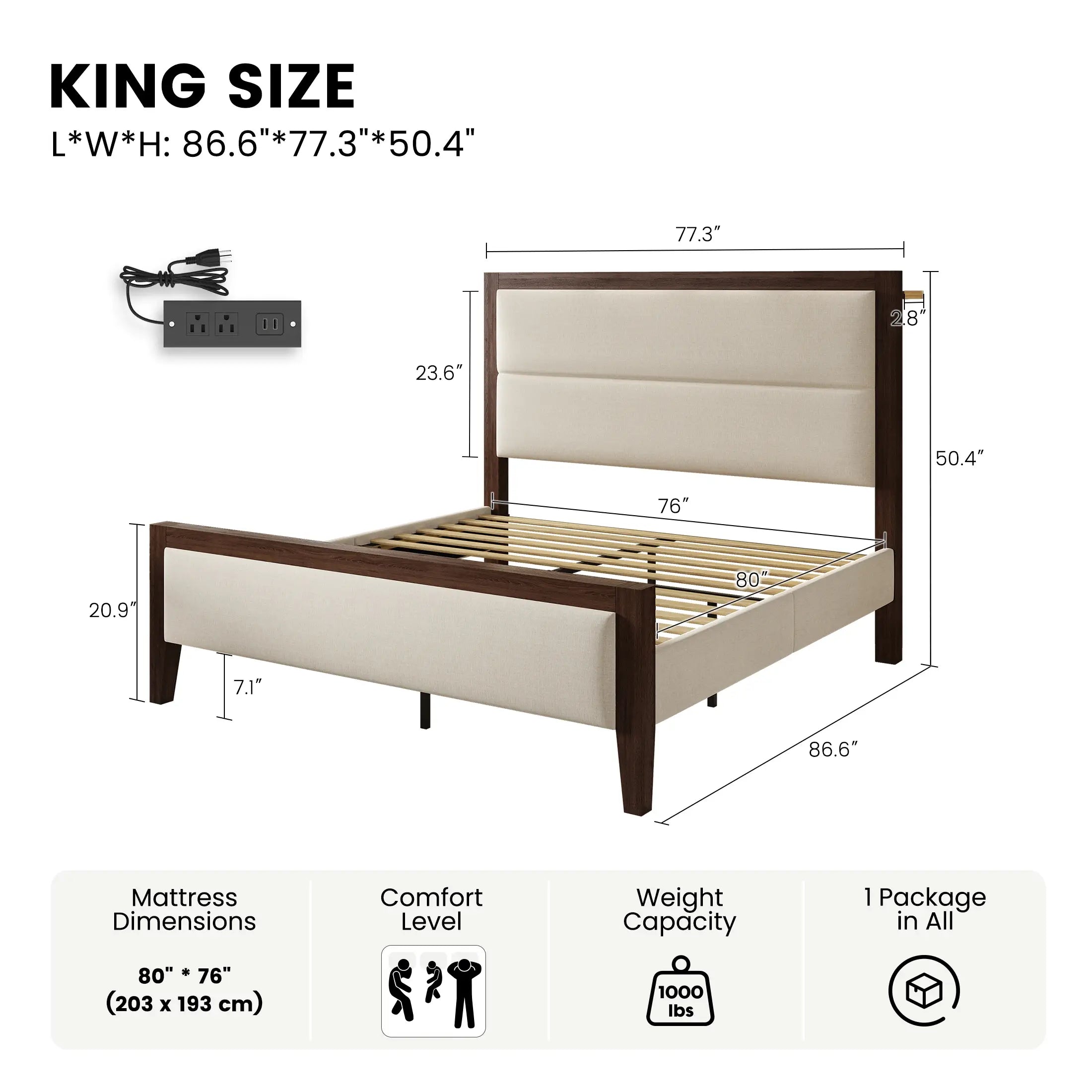 Sevan Solid Wood Upholstered Platform Bed with Charging Station