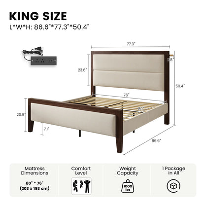 Sevan Solid Wood Upholstered Platform Bed with Charging Station