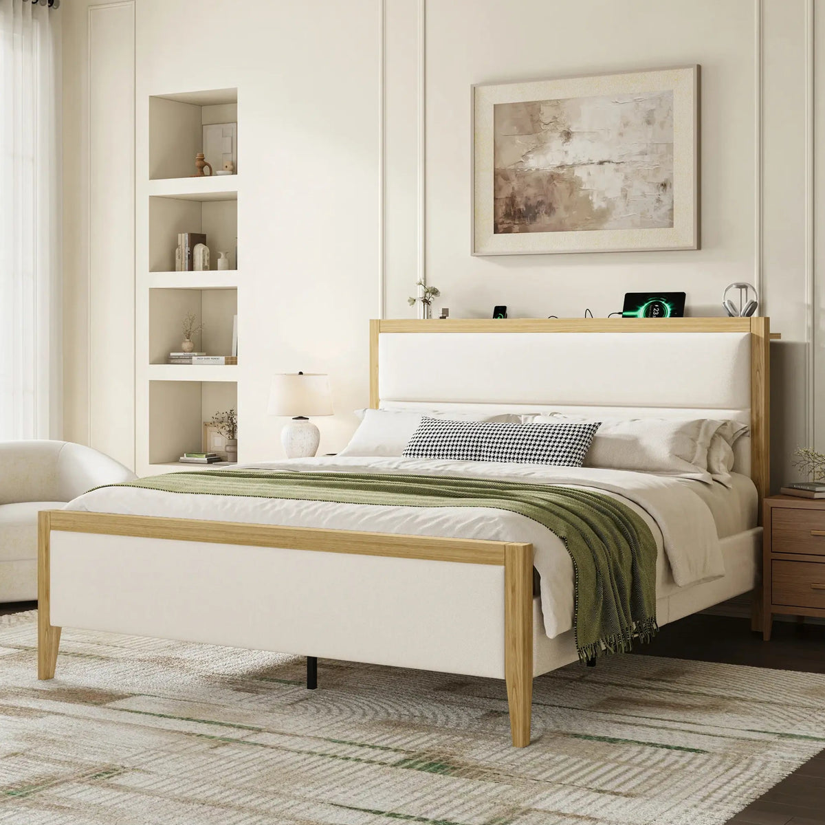 Sevan Solid Wood Upholstered Platform Bed with Charging Station