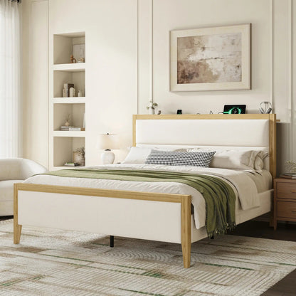Sevan Solid Wood Upholstered Platform Bed with Charging Station