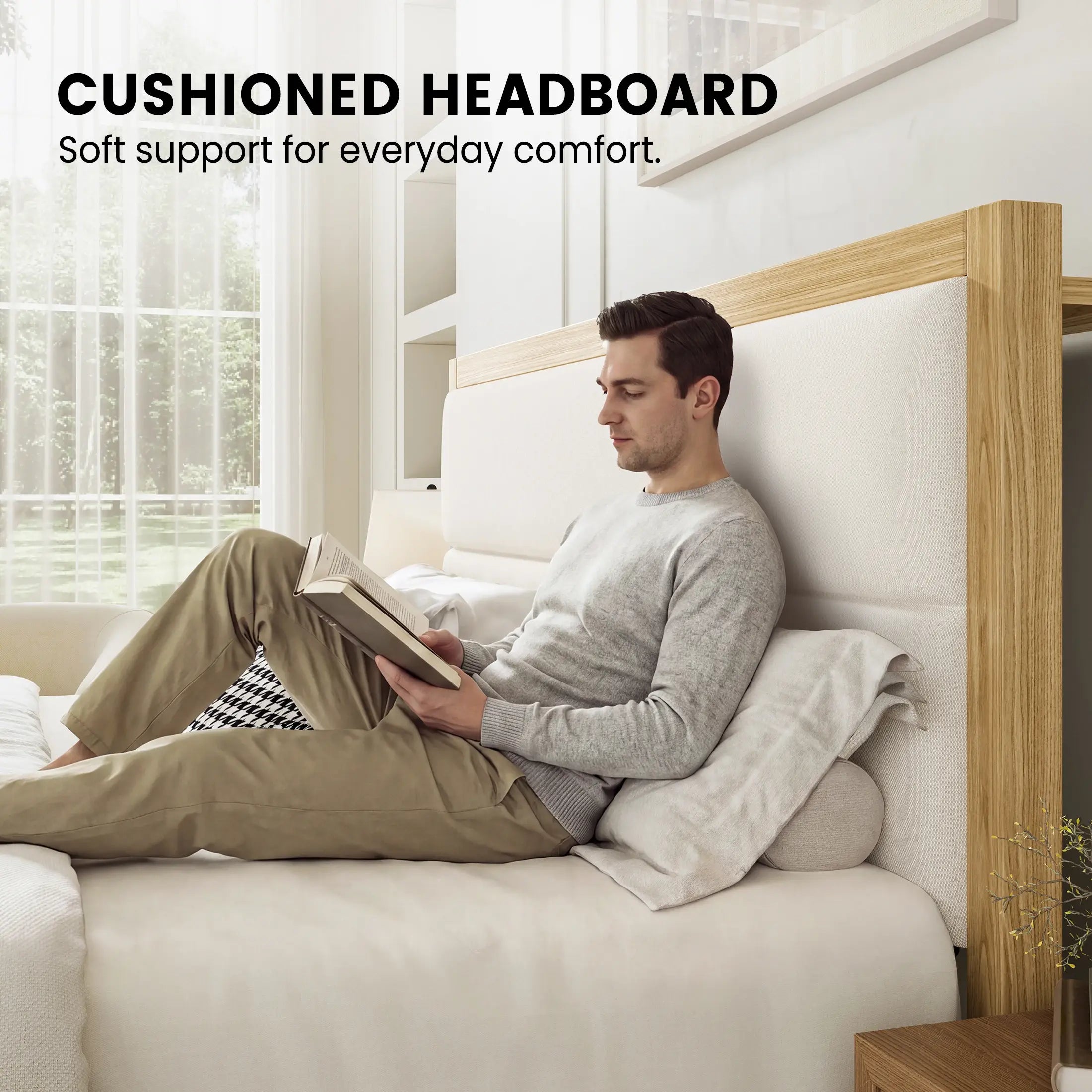 Sevan Solid Wood Upholstered Platform Bed with Charging Station