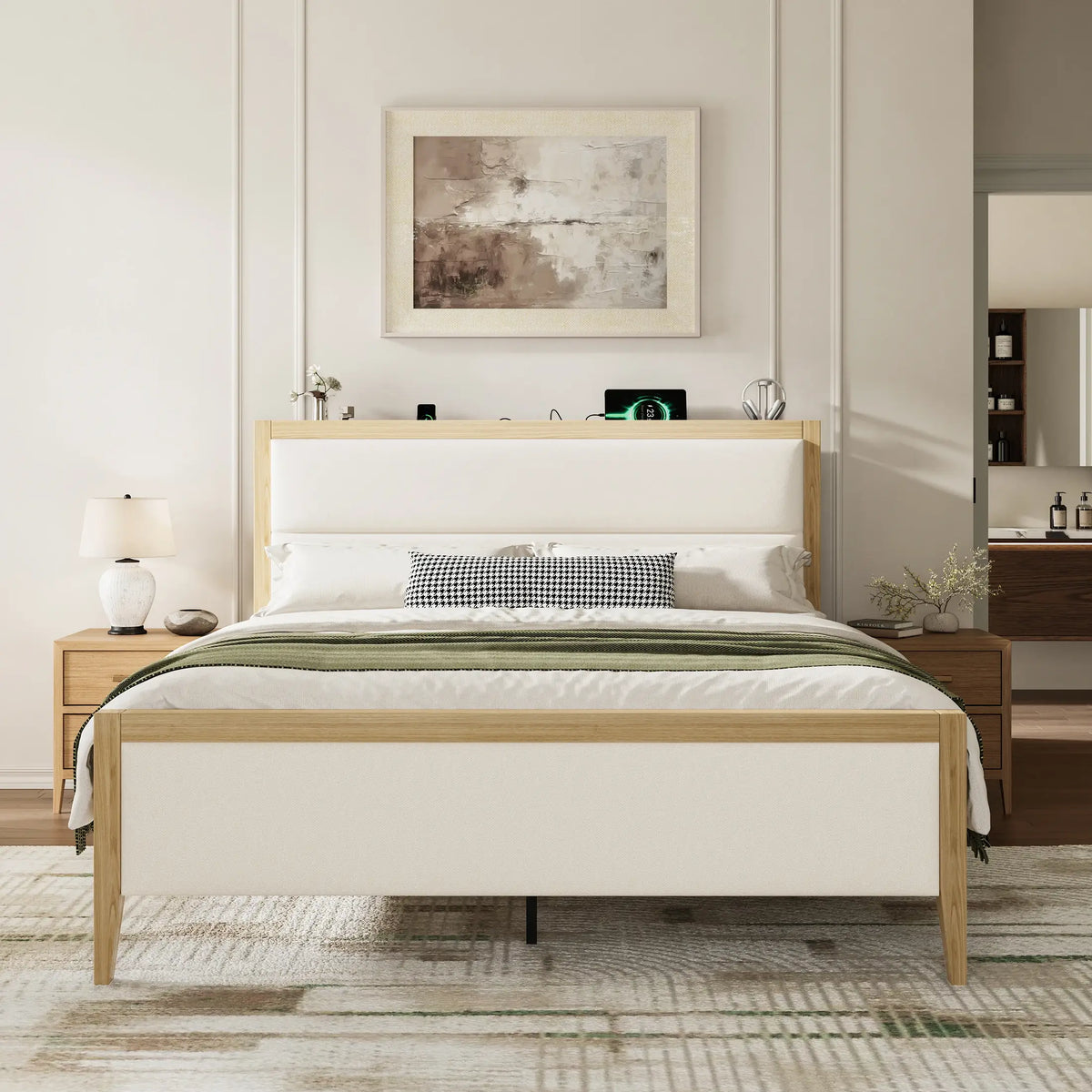 Sevan Solid Wood Upholstered Platform Bed with Charging Station